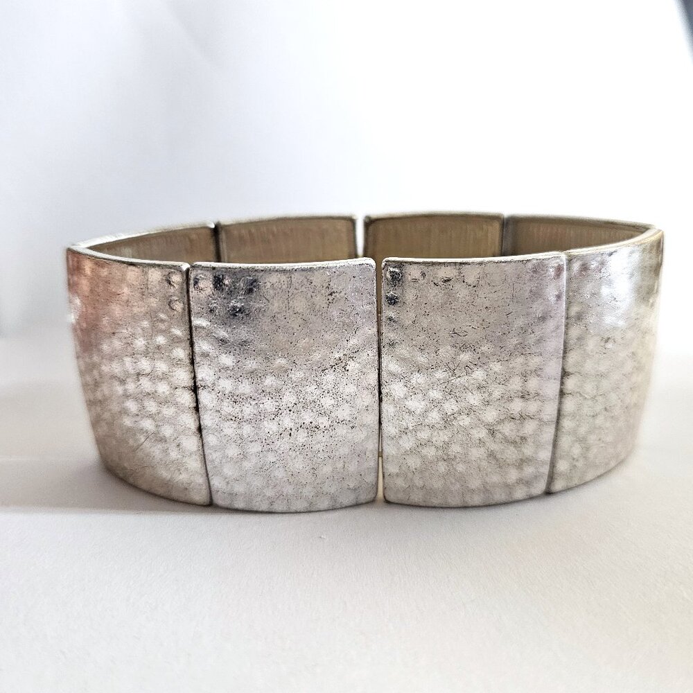 Vintage Stretch Bangle Chunky Art Deco Modern Hammered Metal